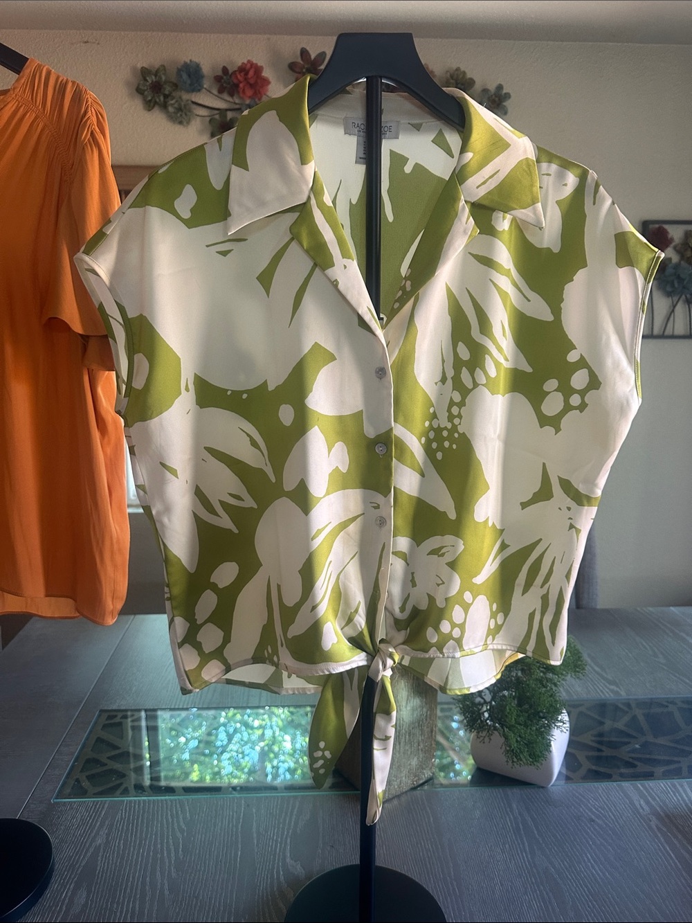 Rachel Zoe Olive/White Tie-Front Tropical Print Blouse
